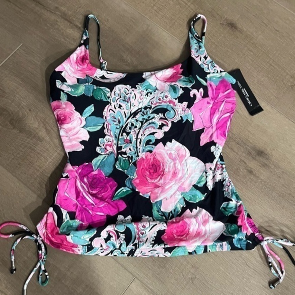 Carmen Marc Valvo Tankini Top Pink Floral Ruched Tie Side Corded Hem $110 C2H268 - Picture 5 of 16